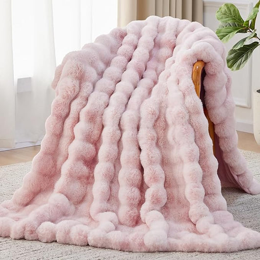 Faux Fur Throw Blanket, 1000GSM Fluffy Soft Bubble Blanket for Couch Bed, Cozy Plush Warm and Thick Blanket, Fuzzy Rabbit Throw for Living Room Bedroom 80''*90'' Pink