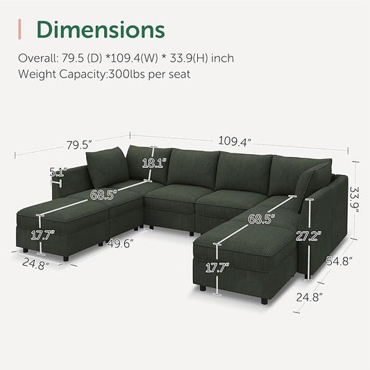 HONBAY Modular Sectional Sofa Couch with Storage, Modern U Shaped Sectional Sofa, Convertible Couches for Living Room - Green
