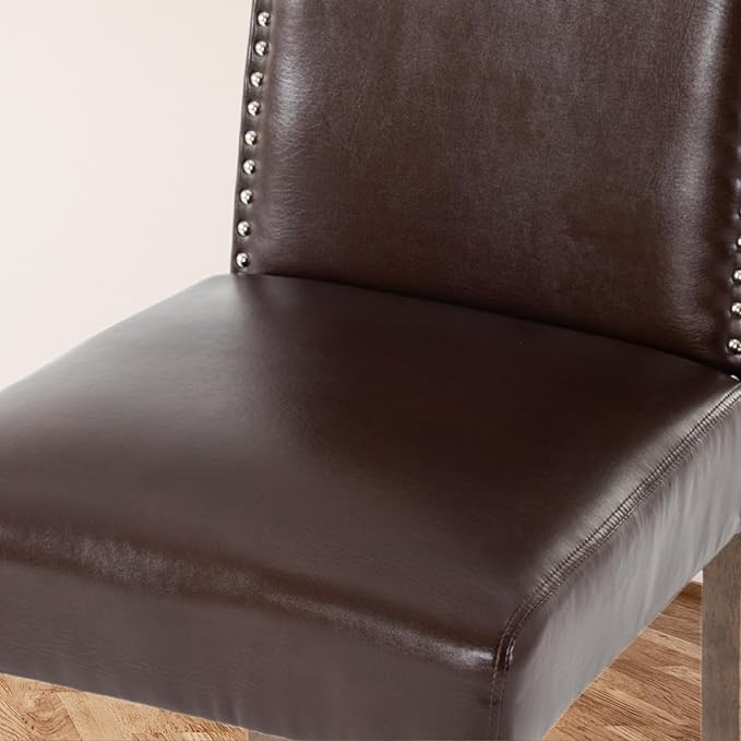 Upholstered Dining Chair Modern Stylish Parsons Kitchen Diner High Back with Silver Nailhead Trim & Wood Legs, Set of 6, PU Leather Dark Brown