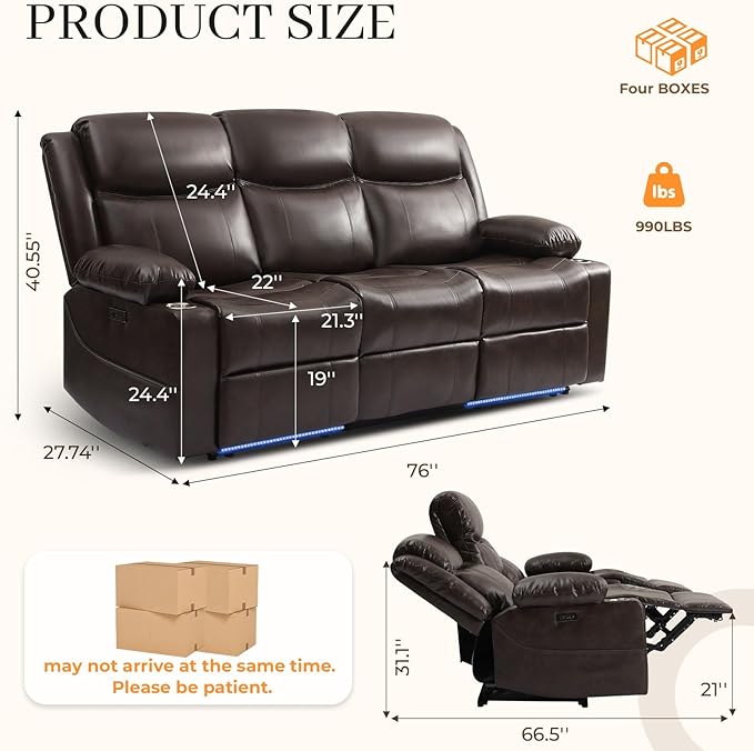 76" Power Reclining Loveseat Sofa, Electric Home Theater Seating with Motorized Buttons/Side Pocket/Cup Holders/4 Colors Ambient Lighting/USB Port/Type-C