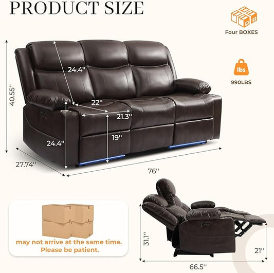 76" Power Reclining Loveseat Sofa, Electric Home Theater Seating with Motorized Buttons/Side Pocket/Cup Holders/4 Colors Ambient Lighting/USB Port/Type-C
