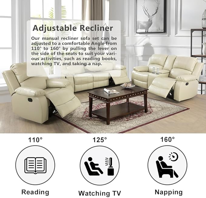 Manual Reclining Sofa Modern Recliner Sofa Couch 3 Seater Leather Reclining Sofa Living Room Furniture Couch with Cup Holders & Flip-Down Table for Home/Office/Rv Car (Beige, 3 Seater Sofa)