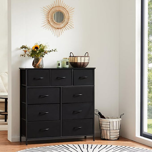Sweetcrispy Dresser for Bedroom with 9 Storage Drawers, Tall Large Fabric Storage Tower Organizer, Chest of Drawers with Metal Frame Wooden Top for Closet, Living Room, Entryway, Black