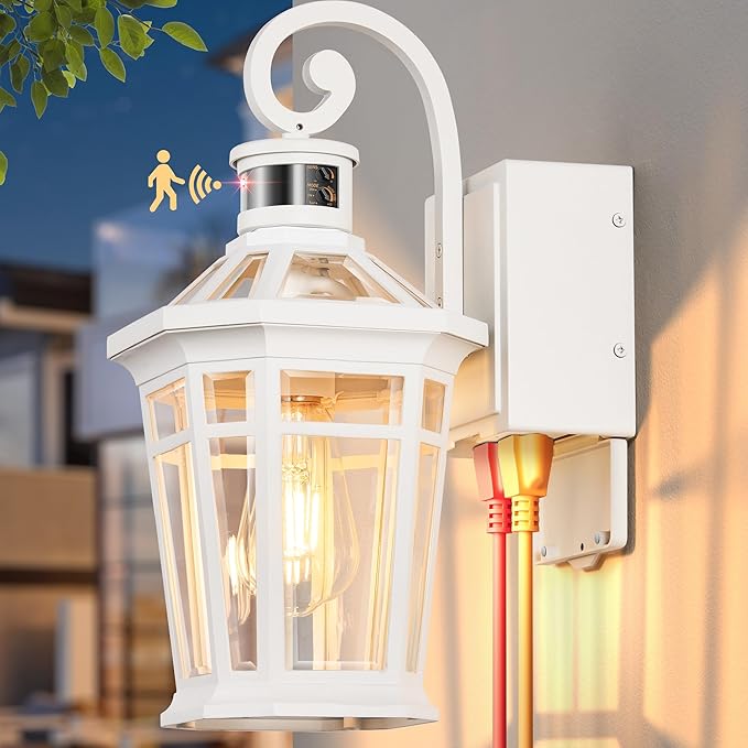 Motion Sensor Porch Light with Outlet, White Exterior Lighting Fixtures with GFCI Outlet, Outdoor Wall Lantern with Beveled Glass, Adjust Sensitivity Exterior Wall Light, Outside House Lights