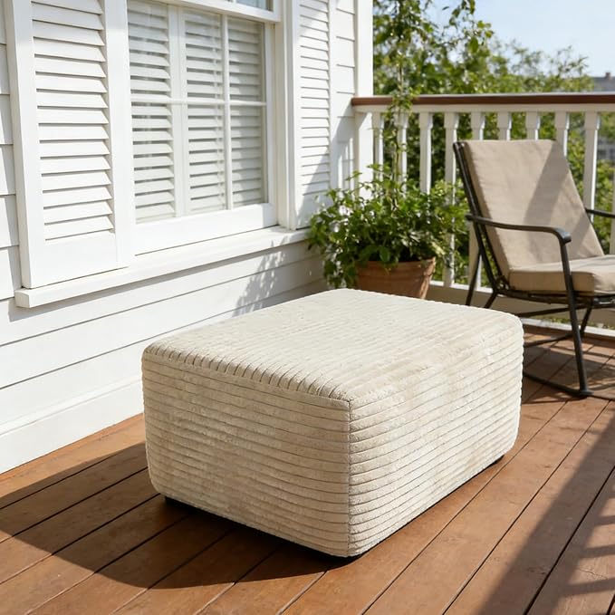 EVLIQUIL Large Ottoman Foot Rest 37" Beige, Sofa Couch Ottomon with Soft Long-Pile Fabric, High Resilience Foam & Spring Support, Ottoman for Living Room Extra Seating