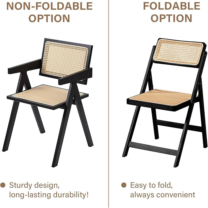 Rattan Dining Chairs Set of 2, Modern Mid Century Dining Chairs with Arms, Outdoor Bamboo Chairs for Bedroom, Living Room, Reading Room, Black