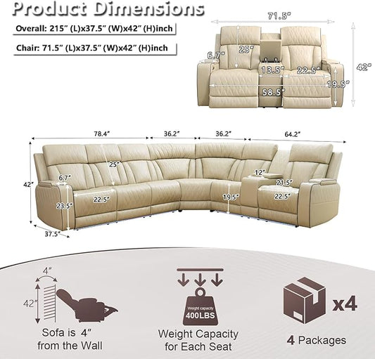 Power Recliner Sectional Sofa Set with LED, Luxury Breathing Leather Sectional Reclining Corner Couch Set, L-Shaped Sofa Couch Set with Cup Holders/Storage for Living Room
