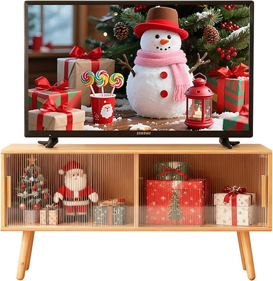 Bamboo TV Stand for TVs up to 50 Inches, Entertainment Center with 2 Sliding Acrylic Doors for Gaming Console, Modern Accent TV Console Cabinet for Living Room Bedroom (39.4)