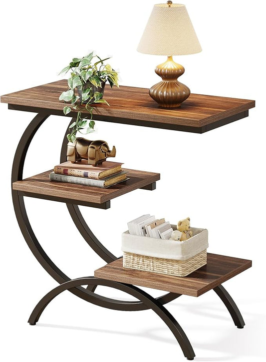 LITTLE TREE End Table, Narrow End Table with 3 Storage Shelves, Industrial C-Shaped Small Sofa Side Table for Living Room, Wood Slim Snack Table with Black Metal Frame, Rustic Brown