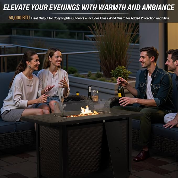 Belord Patio Furniture Set with Fire Pit Table - 8 Piece Outdoor Wicker Furniture Set with 43" 50000 BTU Propane Fire Pit and Rocking Chairs Patio Conversation Set for Deck Outside Backyard