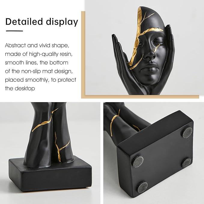 Black and Gold Decor Thinker Statues Set of 3, 7.5" H x 3.1" W Face Sculptures for Coffee Table Bookshelf Office Desk, Modern Abstract Art Sculptures Home Decor Living Room Decorations