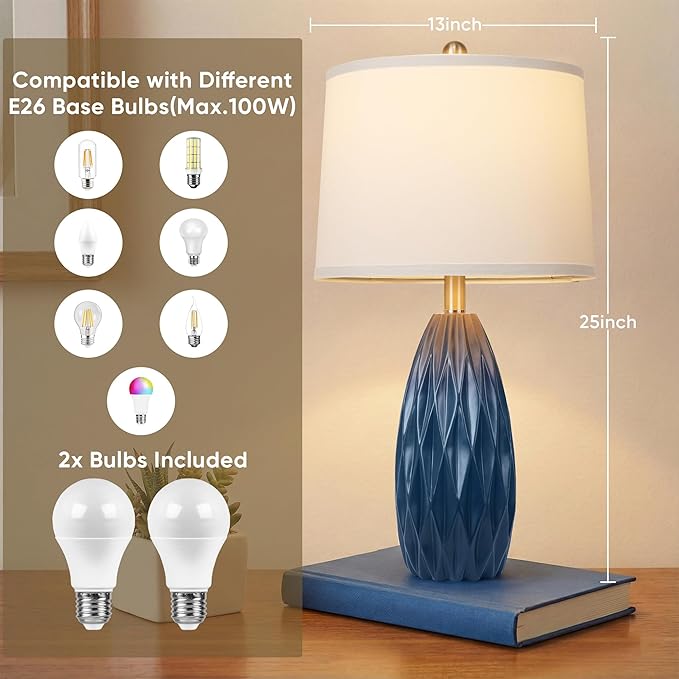 Modern Table Lamp for Living Room, Bedside Lamp Set of 2, Navy Blue Resin Table Lamp, Bedroom Lamp for Nightstand with Linen Shade, Diamond-Shaped Lamp Body,Desk Lamp for House Dorm(2 Bulbs Included)