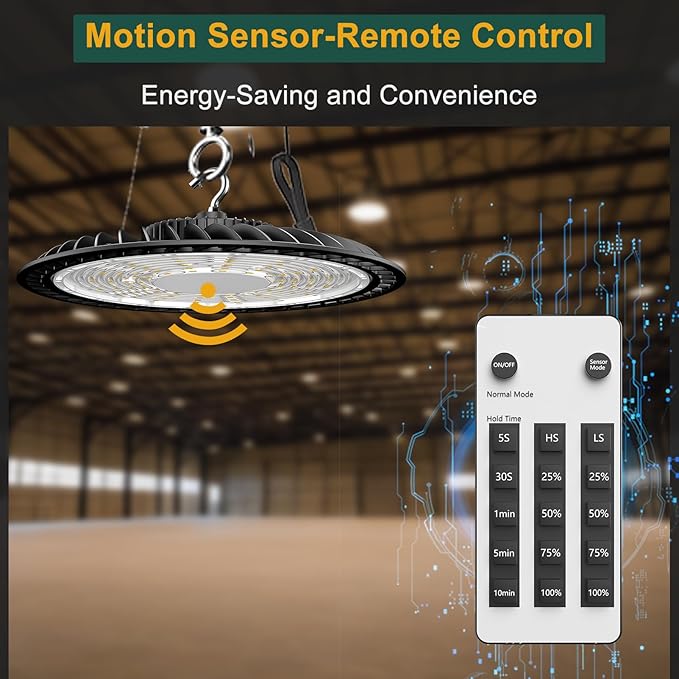 Smart 300W High Bay LED Shop Lights 45000lm Commercial Bay Lighting with Normal Mode & Motion Sensor Mode AC100-277V UFO Lights for 30-50FT Height-4Pack