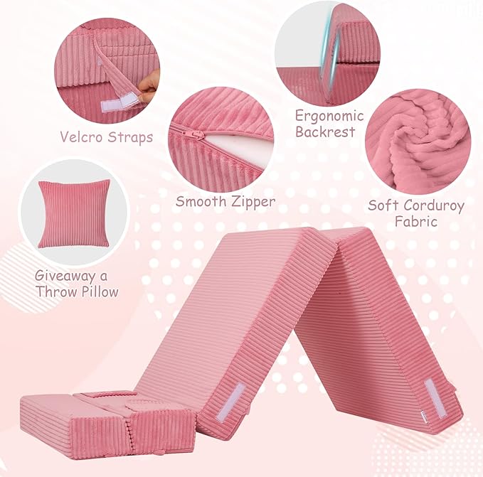 MeMoreCool Kids Folding Sofa – Corduroy Floor Futon Chair, Pink, Tri-Fold Mattress for Toddlers Soft Washable Covers | High-Density Foam | Lounger for Reading