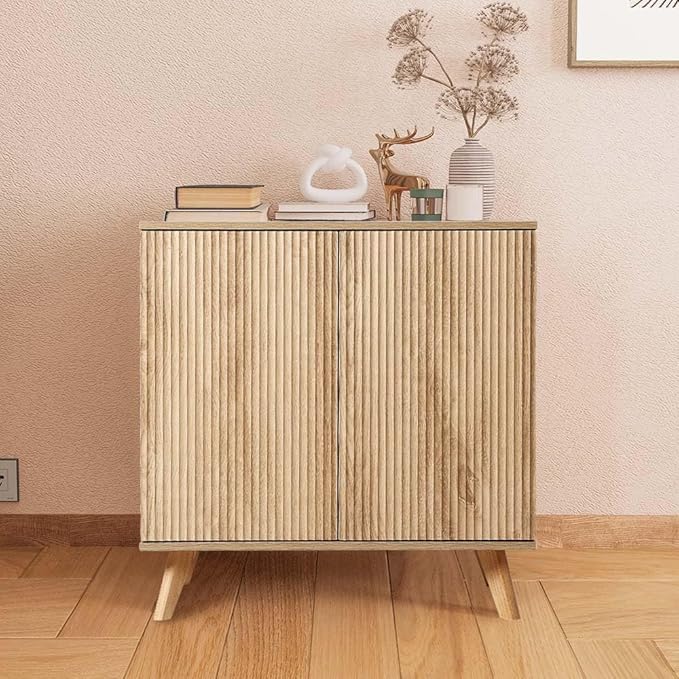 Set of 2 Sideboard Storage Cabinet with Doors and Shelves, Buffet Cabinet with Storage for Kitchen/Dinning Room, Credenza Storage Cabinet for Living Room/Entryway/Media/TV - Natural