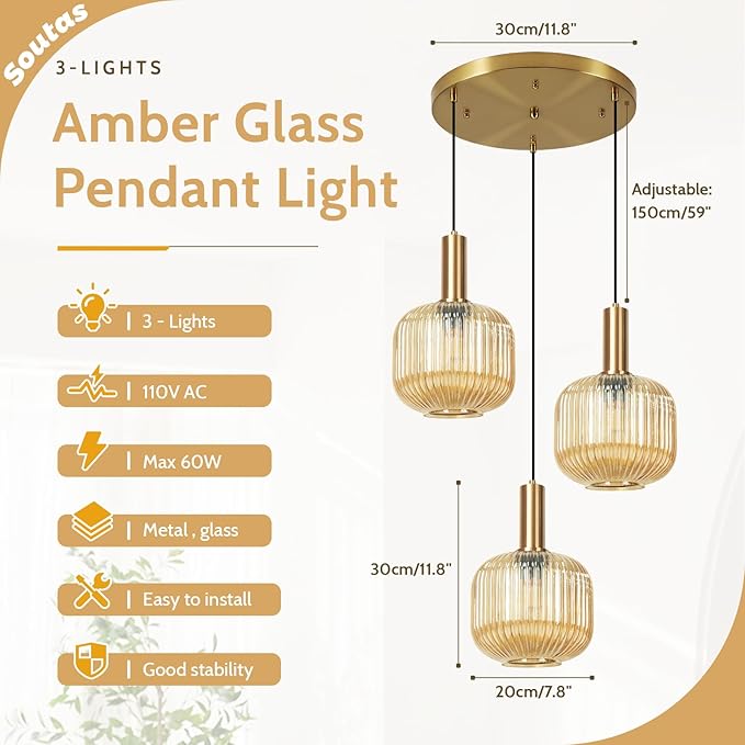 Gold Cluster Pendant Lights, 3-Light Dining Room Light Fixture Over Table, Modern Kitchen Island Chandelier, Multi Light Pendant Lighting Fixtures Ceiling Hanging with Amber Glass Shade