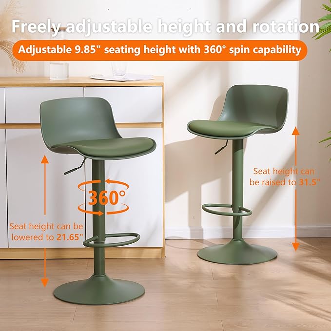 Kidol & Shellder Bar Stools Set of 2 Olive Green Adjustable Swivel Counter Height Stools, Modern PU Leather Upholstered with Back Solid Color Barstools for Kitchen Island
