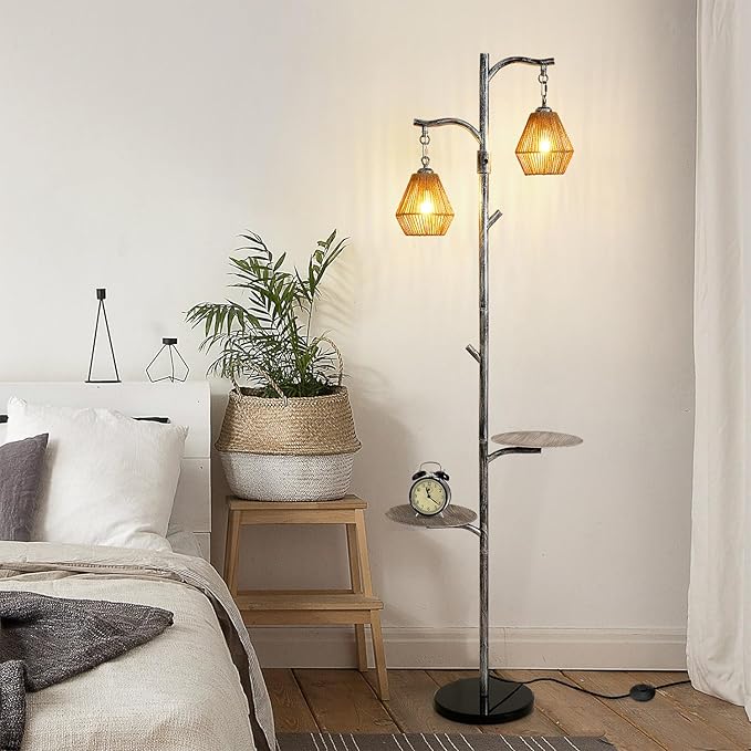 Hsyile Arc Floor Lamp with Cage Shade,Rattan&Fabric Boho Floor Lamps for Living Room Bedroom,Silver Gray Industrial Dimmable Floor Light,Farmhouse Rustic Tall Lamp for Office Reading