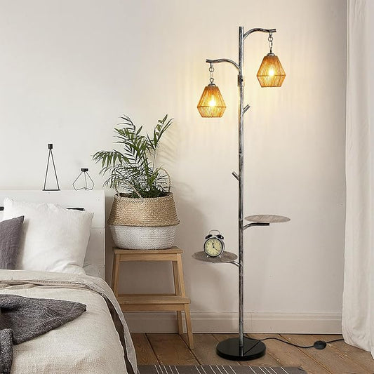 Hsyile Arc Floor Lamp with Cage Shade,Rattan&Fabric Boho Floor Lamps for Living Room Bedroom,Silver Gray Industrial Dimmable Floor Light,Farmhouse Rustic Tall Lamp for Office Reading