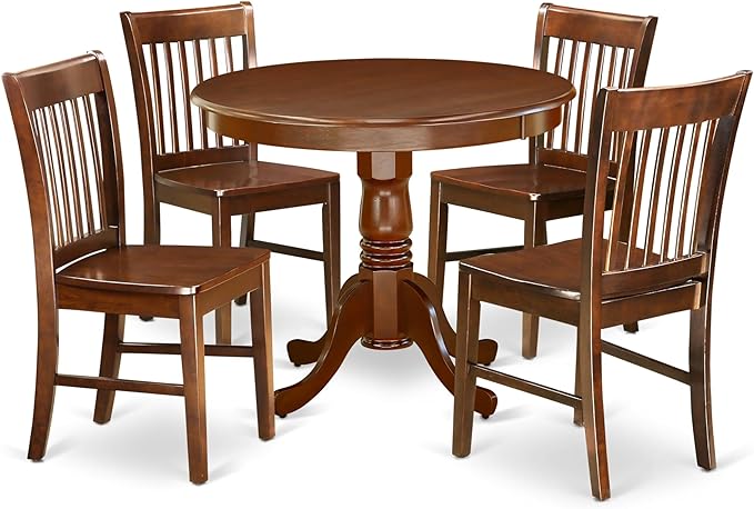 East West Furniture ANNO5-MAH-W 5 Piece Dining Set Includes a Round Dining Room Table with Pedestal and 4 Wood Seat Chairs, 36x36 Inch, Mahogany