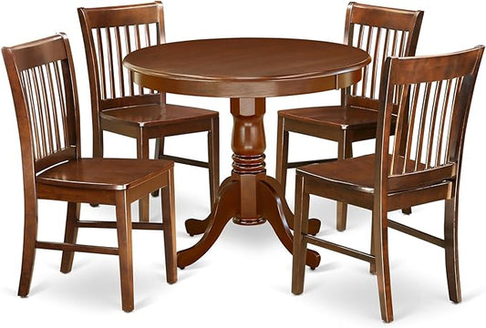 East West Furniture ANNO5-MAH-W 5 Piece Dining Set Includes a Round Dining Room Table with Pedestal and 4 Wood Seat Chairs, 36x36 Inch, Mahogany