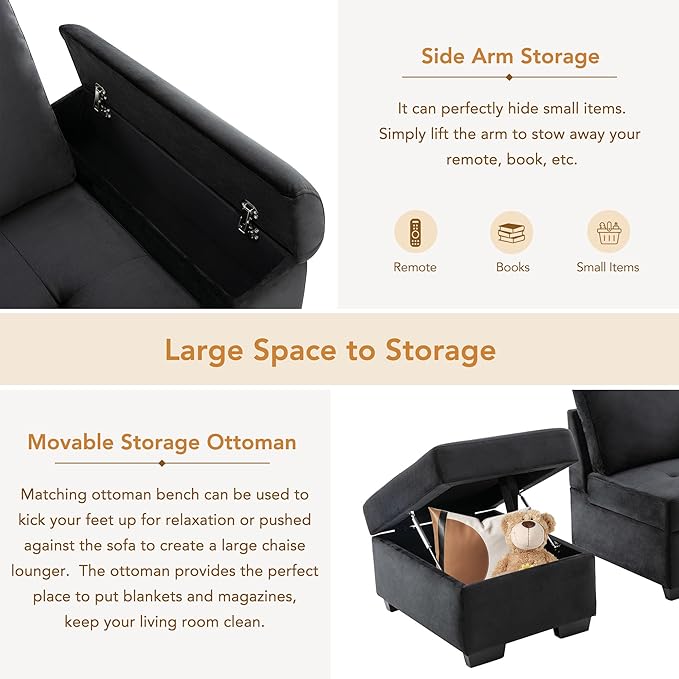 Merax Sofa Bed Sleeper Couch L Shaped Sofa with Storage Ottoman, L-Shape Sectional Couch with Comfortable backrest for Living Room and Small Apartment (Black)