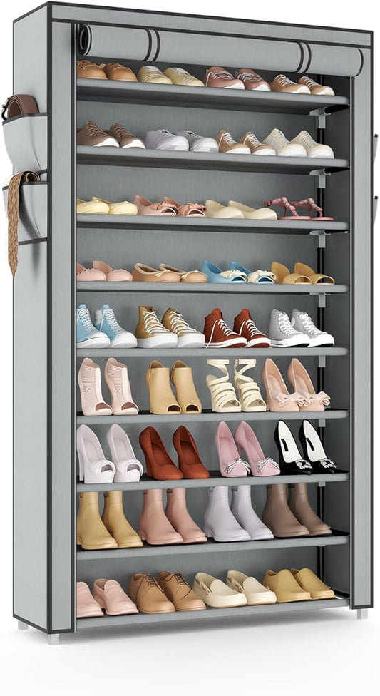 Shoe Rack with Cover Narrow Shoe Organizer with Pockets 10 Tier Tall Shoe Storage Holds 36-41 Pairs Shoes and Boots Shoe Rack for Closet Entryway Garage, Grey