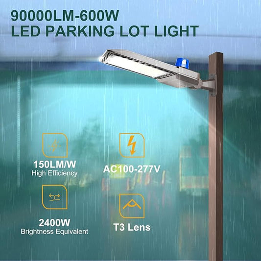 600W LED Parking Lot Lights 90000Lm(150LM/W) Arm Mount Pole Lights with Photocell Dusk to Dawn, 5000K 6KV SPD Outdoor Waterproof Street Light ETL Listed 7 Yrs Warranty- 2Pack