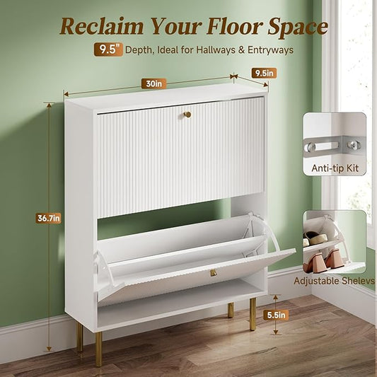 Nicetree Shoe Storage Cabinet for Entryway - 2 Flip Drawers Shoe Cabinet with Tiered Fluted Design - Slim Shoe Storage Rack with Gold Legs - Narrow Shoe Cabinet Hidden Shoe Organizer for Small Spaces