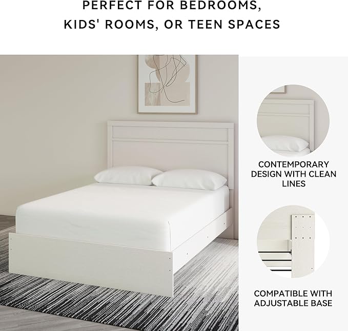Signature Design by Ashley Stelsie Vintage Queen Panel Bed with Metal Slats, Foundation or Box Spring Needed, White