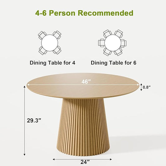 Casaphoria 46" Round Dining Table, Modern Wood Kitchen Table with Cone Grating Bar Base for Living Room & Dining Room, Easy Assembly Farmhouse Furniture for 4-6, Oak