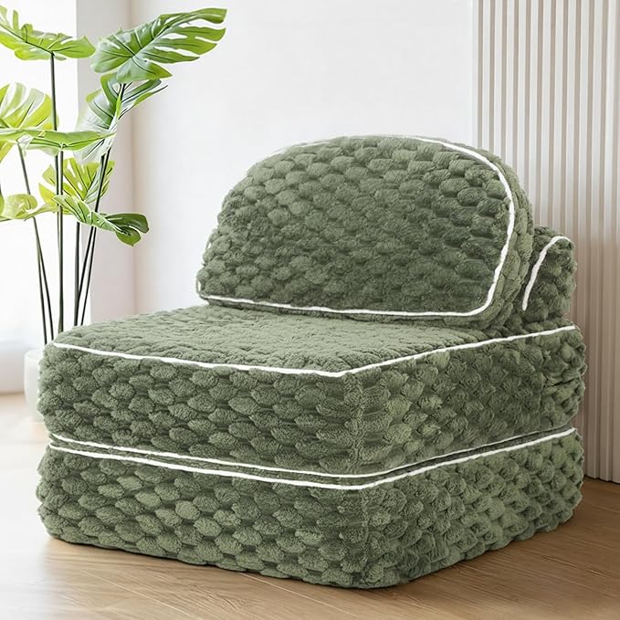 MALOL Folding Sofa Bed, 3-in-1 Convertible Sleeper Chairs with Pillow,Back Support, Fuzzy Fabric Floor Couch Bed for Adults, Boneless Couches Living Room, Bedroom, Apartment, Green