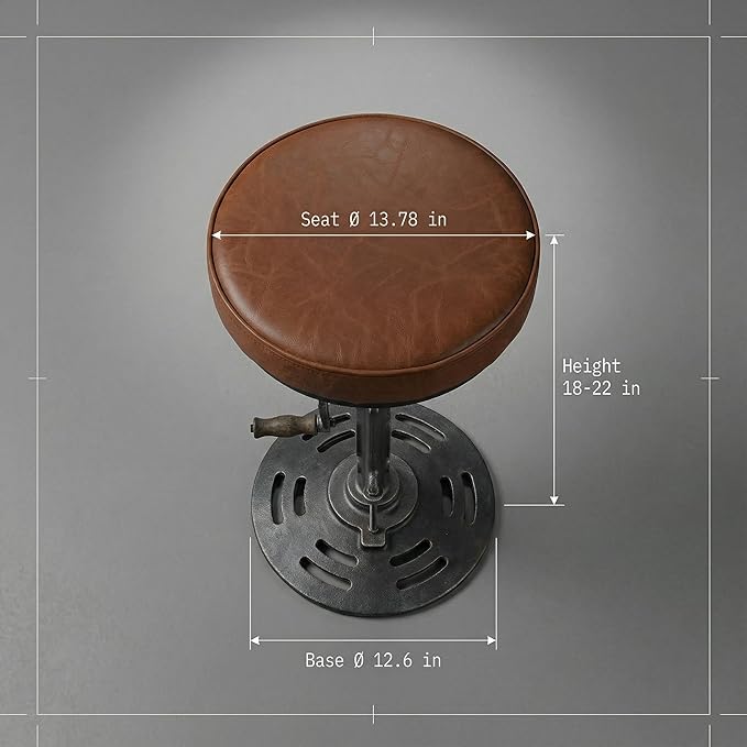 LOKKHAN American Antique Steampunk Deco Vintage Industrial Bar Cafe Stool, Retro Stylish Cast Iron Base Swivel Round Leather Top, Easily Adjusts by Crank Handle