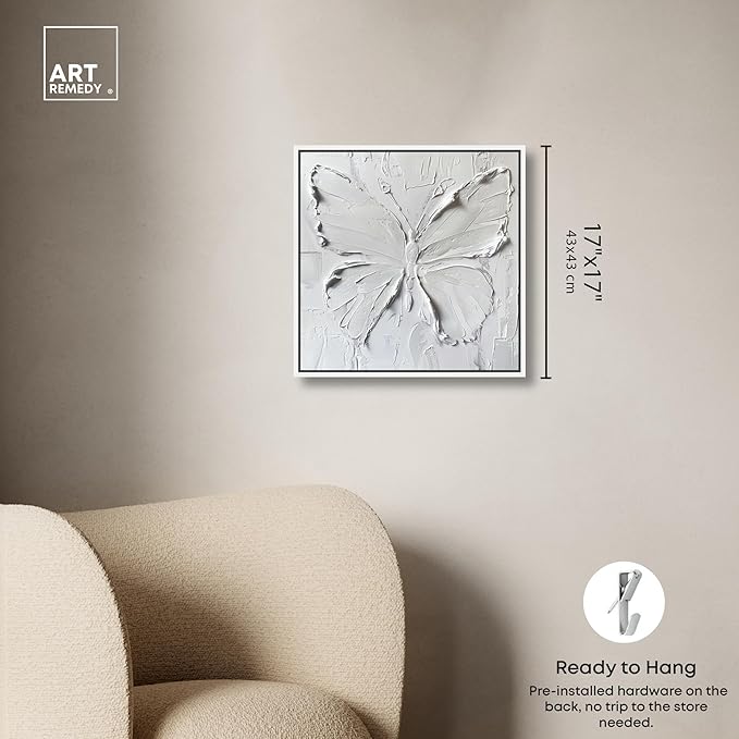 Art Remedy White Butterfly Canvas Elegant White Gold Wall Art, White Frame, 16" x 16"