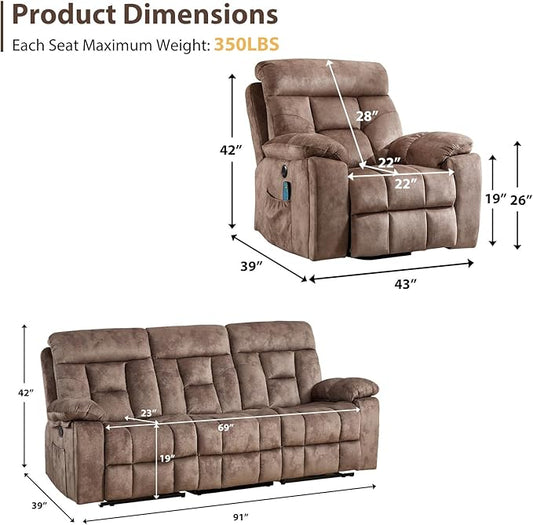 EBELLO 2 Piece Reclining Living Room Set, Soft Fabric Recliner Sofa Furniture Set, Included Power Lift Recliner Chair with Massage and Heat and 3 Seat Sofa, Brown