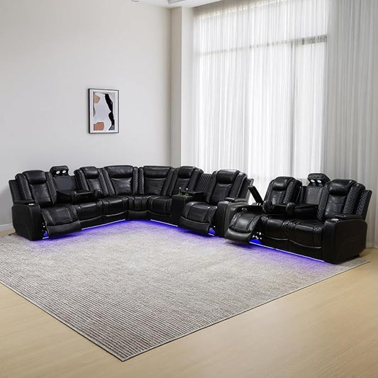 Power Leather Recliner Sectional Sofa with LED Light,L Shaped Reclining Couch with USB Charger/Cup Holder/Storage,Leather Sofa for Living Room/Home Theater(Black Stripes,Sectional+3 Seats)