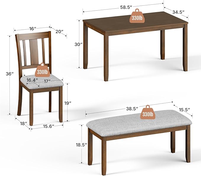 6-Piece Wooden Dining Set - Table & Chairs for 6, Includes Table, 4 Upholstered Chairs & 1 Bench, Walnut