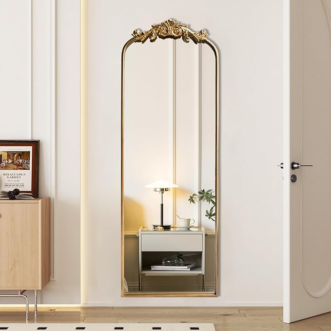Full Length Wall Mirror Decorative Full Body Mirrors Traditional Antique Arched Farmhouse for Living Room Bedroom Entryway Bathroom Vanity (58X13 Inches, Gold)