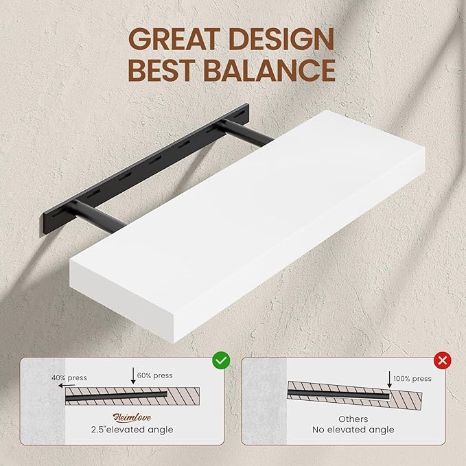 Heimlove 24 Inch Floating Shelves for Wall White Shelves Set of 2,Wall Mounted Rustic Wood 8 Inch Deep Floating Shelf with Invisible Brackets for Bedroom Kitchen Living Room