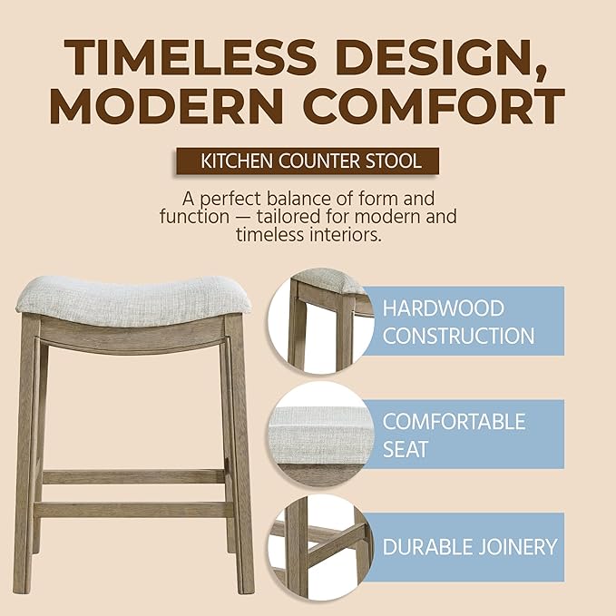 ROME + OAK Parker 26 Inch Counter Stool, Backless Saddle Kitchen Barstool in Reclaimed Oak Finish with Grey Fabric Upholstery Cushion Seat