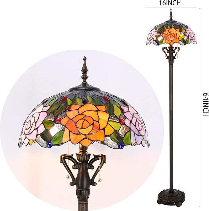 Tiffany Floor Lamp Orange Red Rose Flowers Stained Glass Standing Reading Light 16X16X66 Inches Antique Pole Corner Lamp Decor Bedroom Living Room