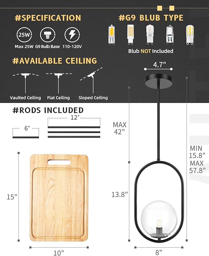 AUTELO 1-Light Matte Black Pendant Lights Kitchen Island, Kitchen Pendant Lighting Over Island with Clear Globe Glass, Black Hanging Lamp with Adjustable Rod for Kitchen Island H9376 CLBK