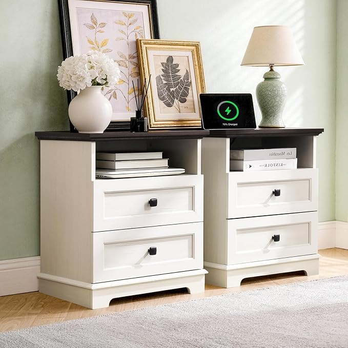20-Inch Wide Modern Nightstands Set of 2 with Charging Station & Outlets, Bedside Tables with 2 Drawers and Open Shelf, Sleek Design End Tables for Bedroom and Office, White