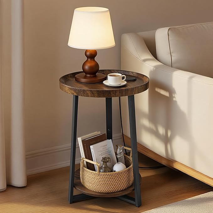 VEVOR Round Side Table with Charging Station, 15.7" Metal Round End Table with Storage Shelves, 4.9ft Power Cord, Modern Nightstand for Bedroom, Living Room, Office – Brown