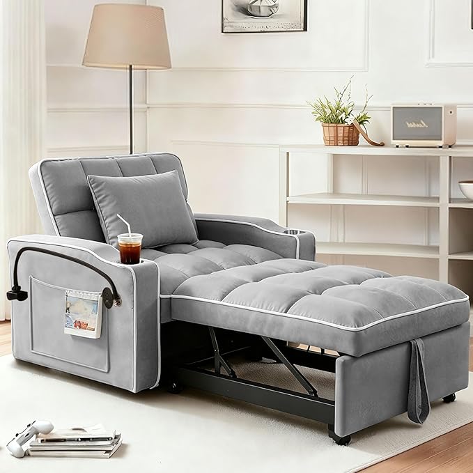 Sleeper Chair, Convertible Pull Out Chair Sleeper with Bracket and Cup Holder, Chairs Bed Sleepers for Adults, 3 in 1 Sofa Bed Chairs for Small Spaces, Living Room, Light Gray