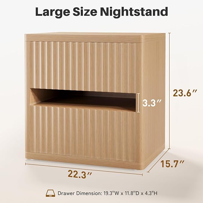 Dripex Fluted Nightstand Set of 2, 22'' Wide Night Stand with 2 Large Drawers, Mid Century Modern Wood Bedside Table with Open Shelf, Large Bed Side End Table for Bedroom, Natural Oak