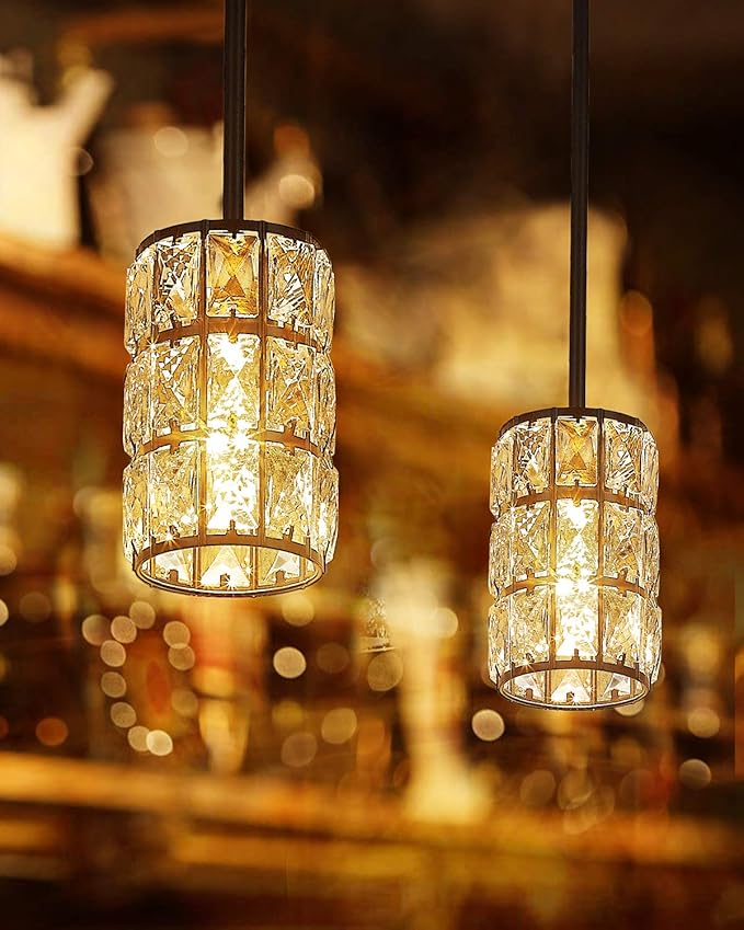 CALDION Farmhouse Crystal Pendant Light, 1-Light Black Pendant Lights Kitchen Island Mini Crystal Chandelier Dining Room Adjustable Hanging Ceiling Light for Bedroom Cloakroom Entryway Hallway Bar