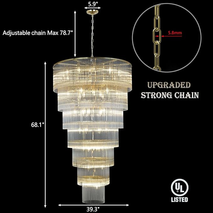 Extra Large Long Brass Chandelier for High Ceiling H68 Modern 7 Tiers Glass Staircase Chandelier Foyer Entryway Lighting Pendant Light Fixture for Grand Living Room Stairway Hall