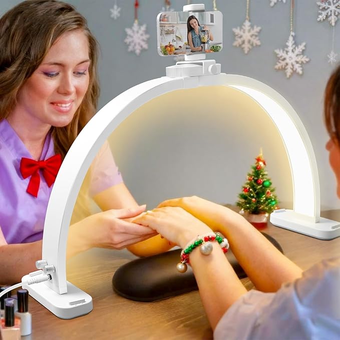 CGBE Half-Moon Nail Light for Desk : Professional Manicurist Table Lamp for Nail Salon Lighting and Eyelash Extensions with Phone Holder - Extra Large 30.7" Craft Desk Light - White