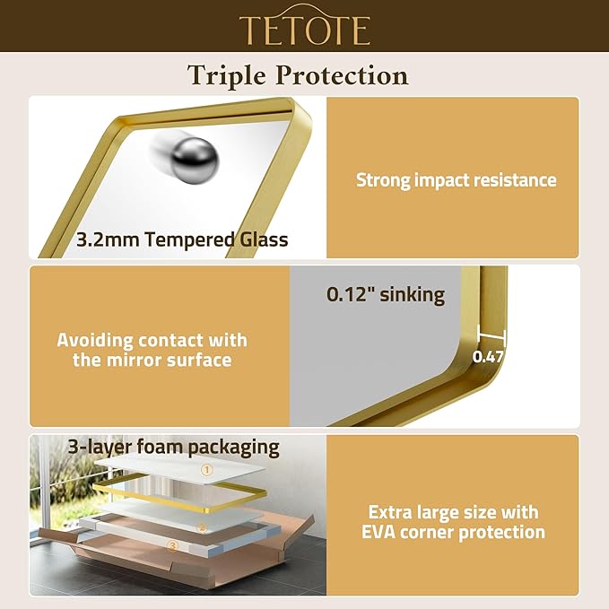 TETOTE 48 x 36 Inch Gold Mirrors Brushed Gold Metal Framed Bathroom Mirror, Tempered Glass, Modern Farmhouse Wall Mounted Mirror for Decorative(Horizontal/Vertical)